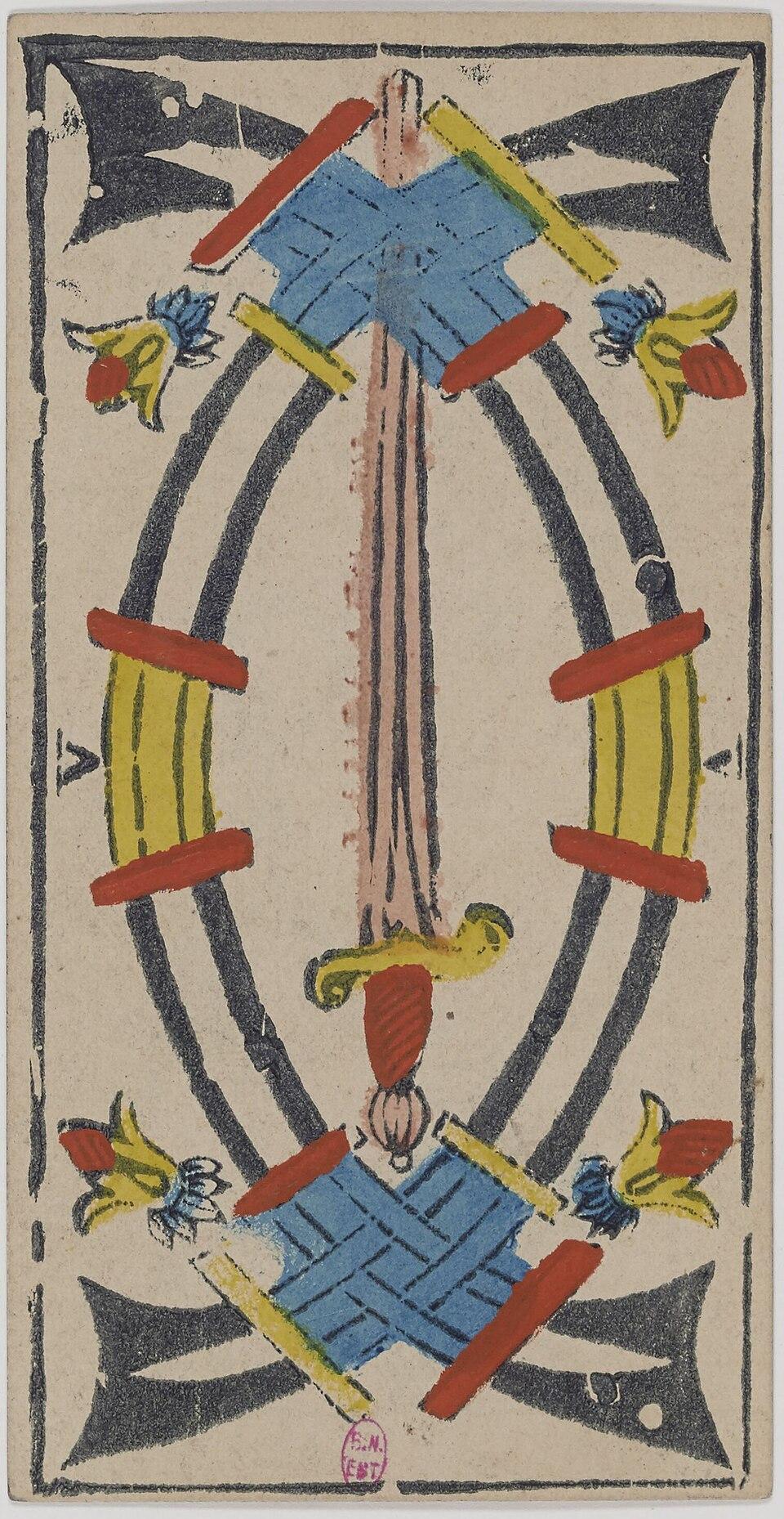 Cinq d'Épées, arcane mineur du tarot de Marseille