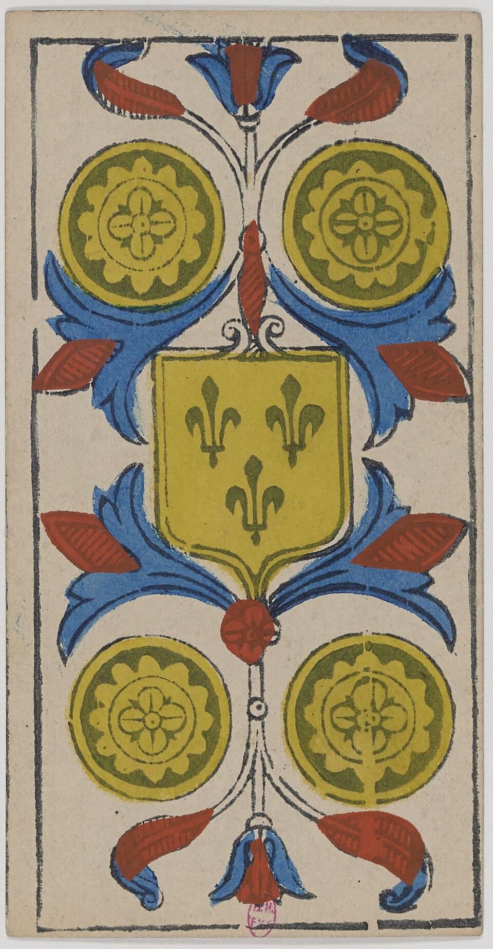 Quatre de Deniers, arcane mineur du tarot de Marseille