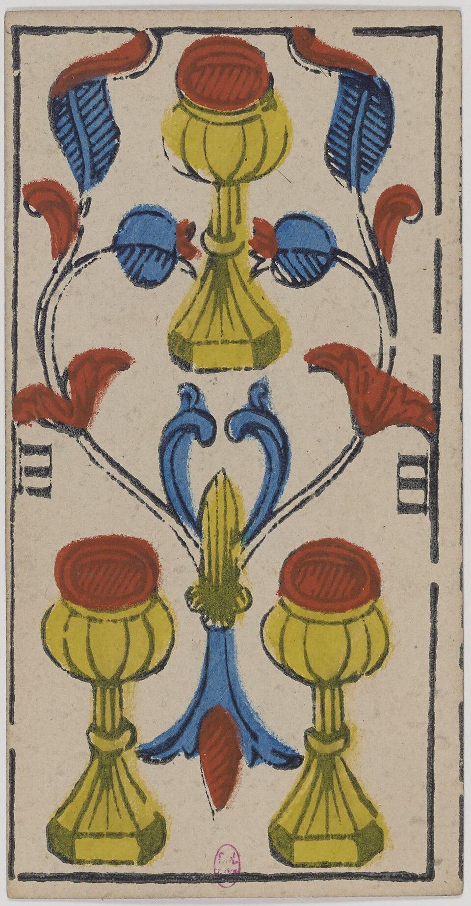 Trois de Coupes, arcane mineur du tarot de Marseille