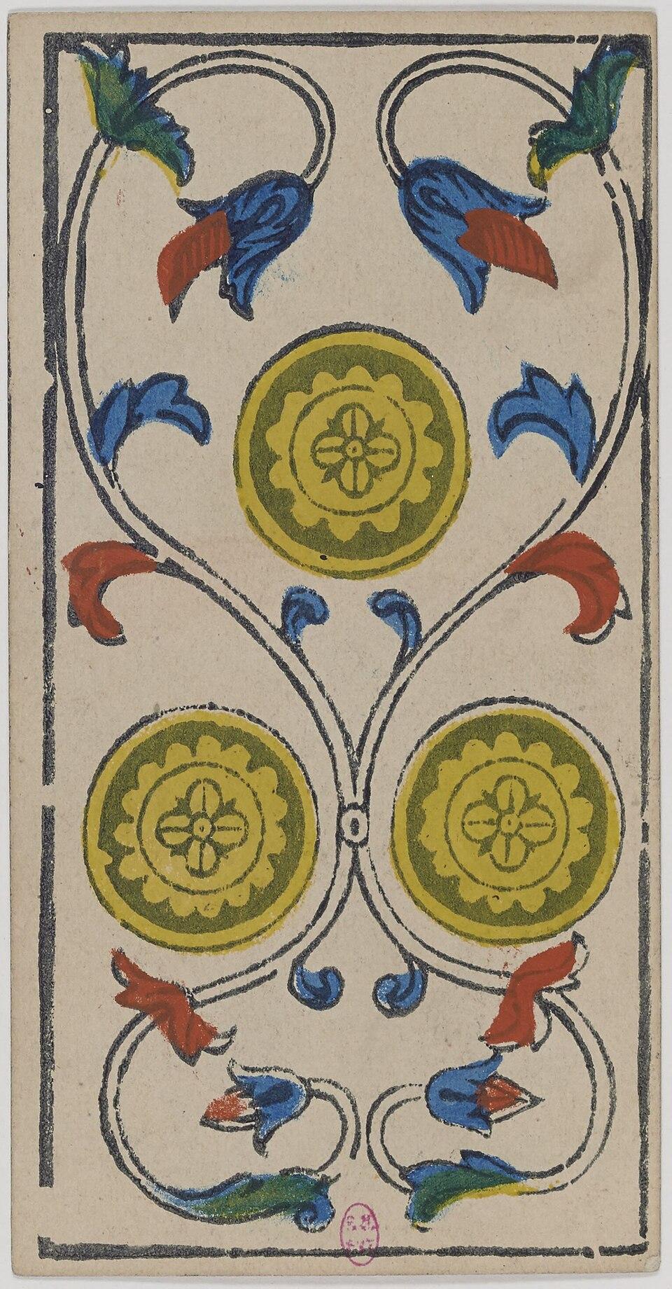 Trois de Deniers, arcane mineur du tarot de Marseille